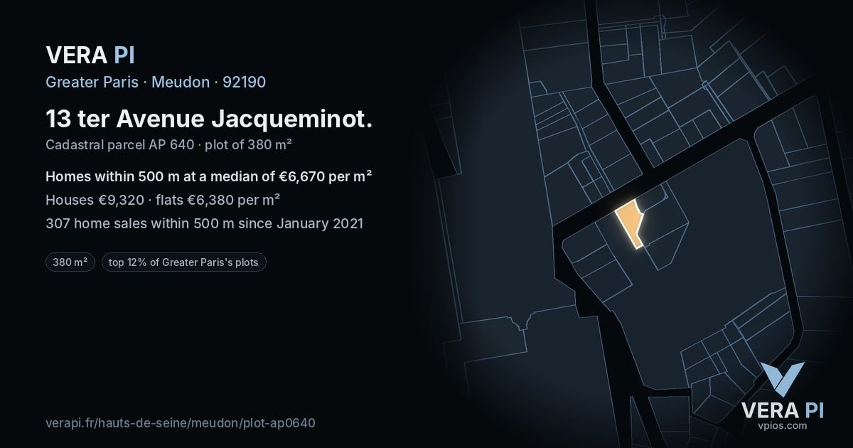 13 ter Avenue Jacqueminot, Meudon at night – the plot lit, the parcels around coloured by the prices near them