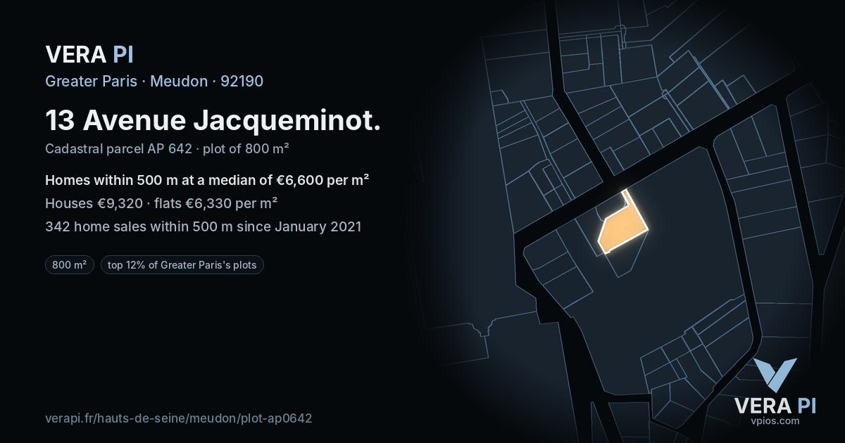 13 Avenue Jacqueminot, Meudon at night – the plot lit, the parcels around coloured by the prices near them