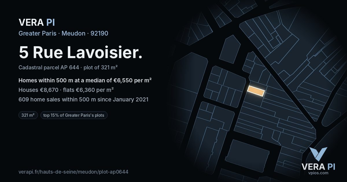 5 Rue Lavoisier, Meudon at night – the plot lit, the parcels around coloured by the prices near them