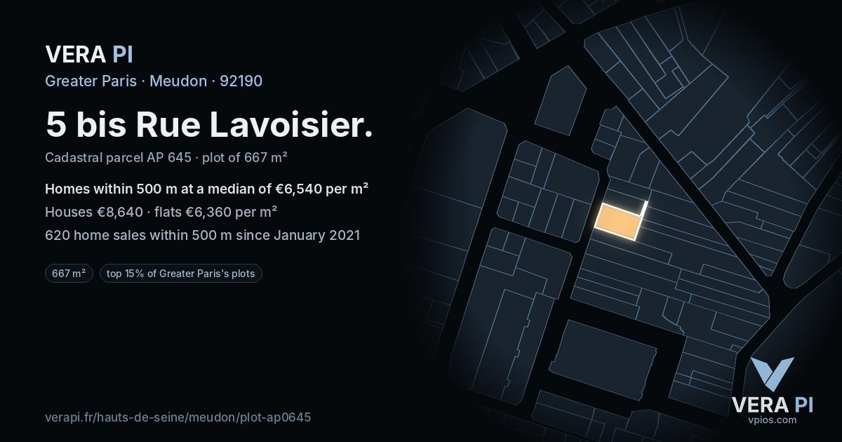 5 bis Rue Lavoisier, Meudon at night – the plot lit, the parcels around coloured by the prices near them