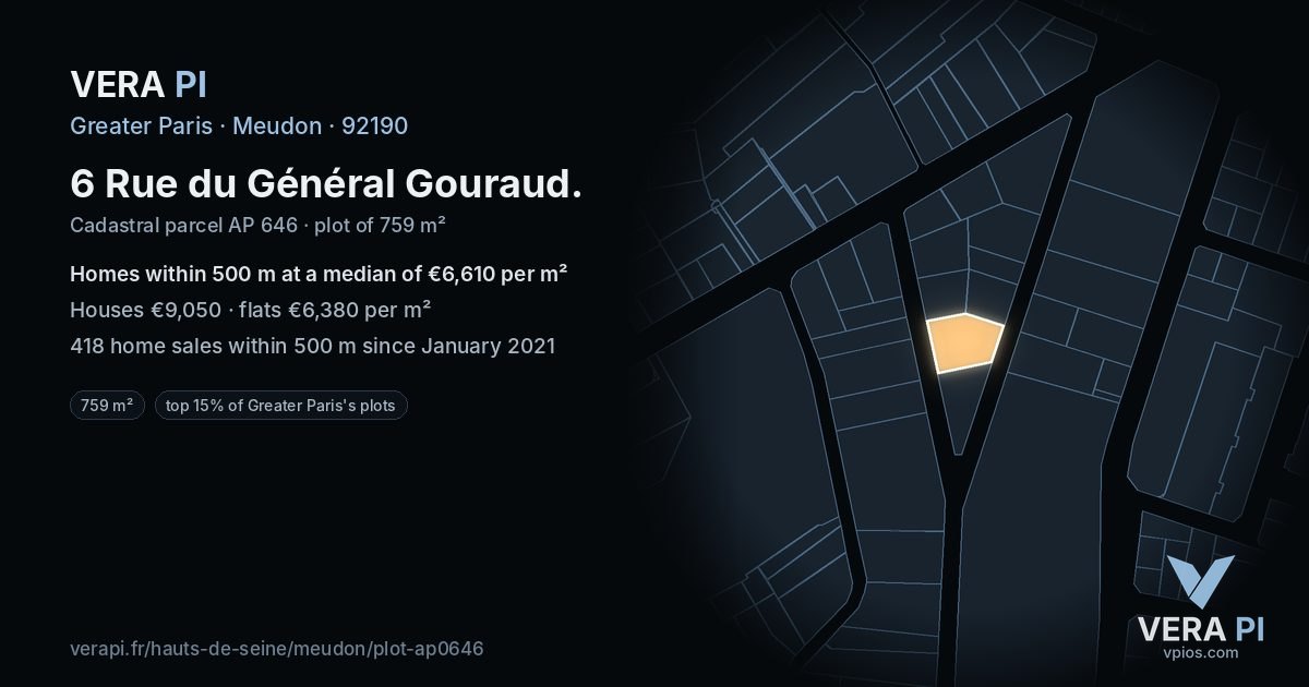 6 Rue du Général Gouraud, Meudon at night – the plot lit, the parcels around coloured by the prices near them