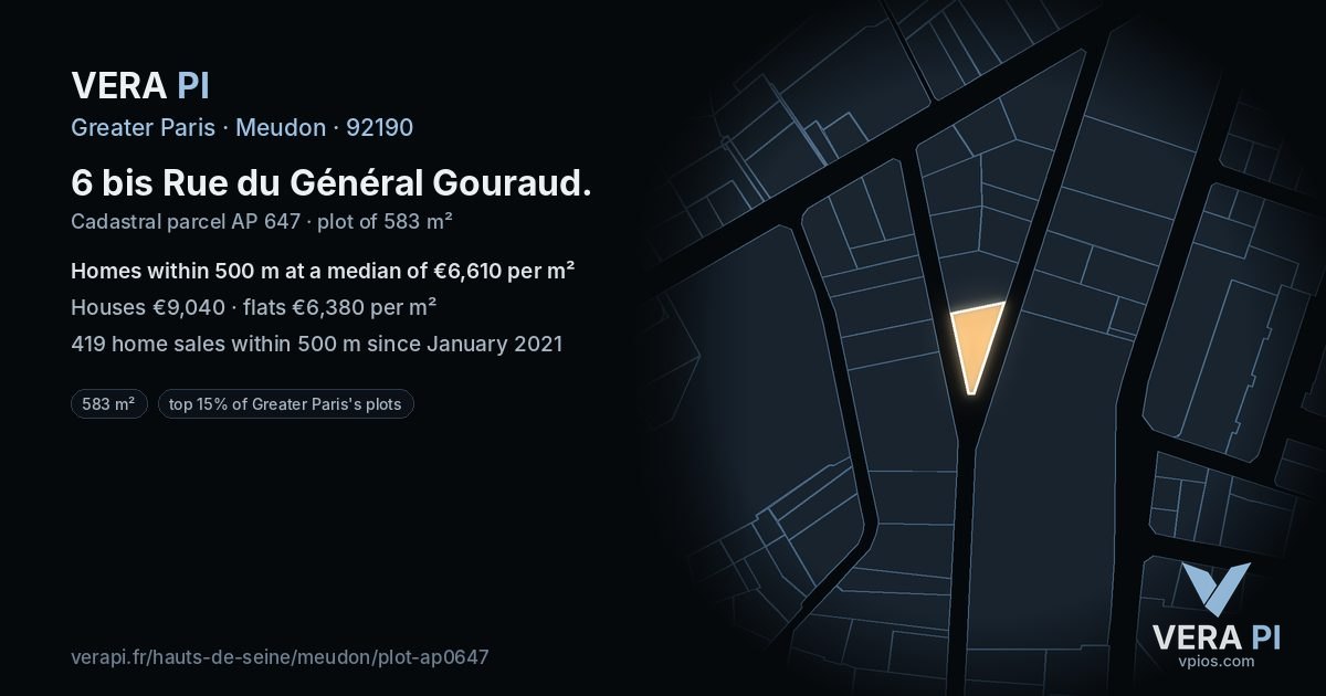 6 bis Rue du Général Gouraud, Meudon at night – the plot lit, the parcels around coloured by the prices near them