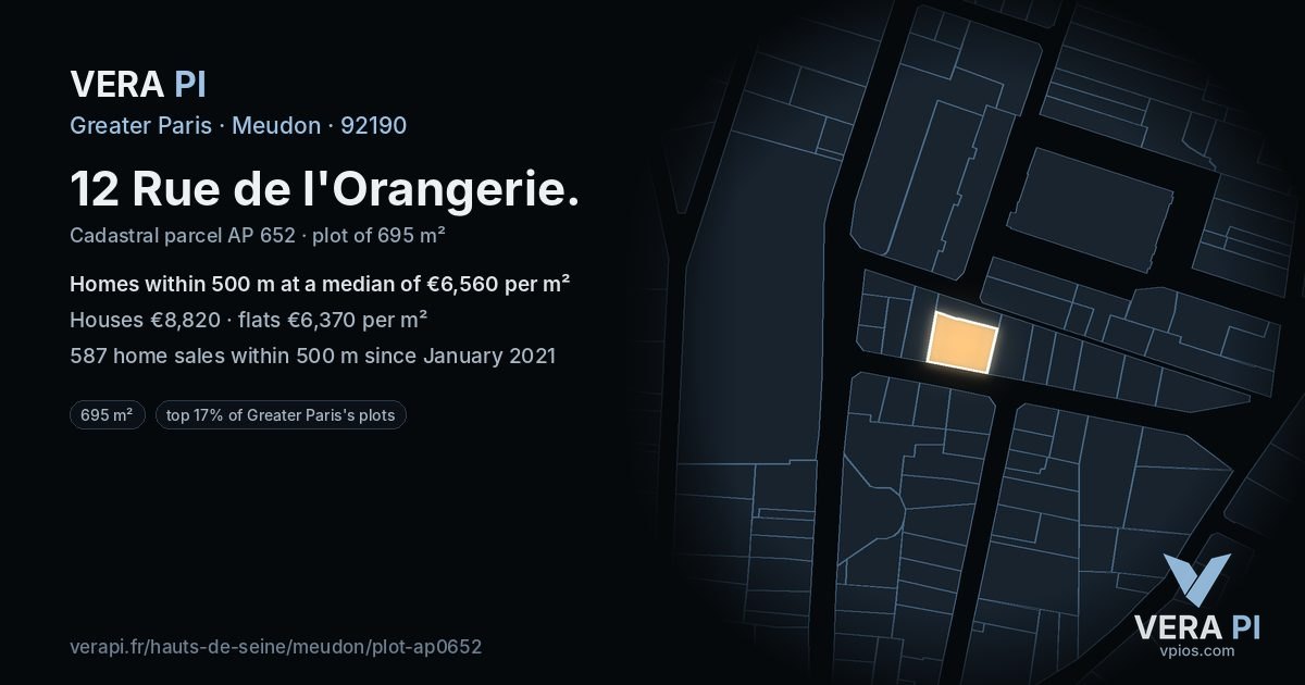 12 Rue de l'Orangerie, Meudon at night – the plot lit, the parcels around coloured by the prices near them