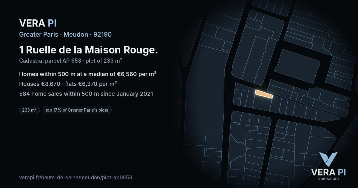 1 Ruelle de la Maison Rouge, Meudon at night – the plot lit, the parcels around coloured by the prices near them