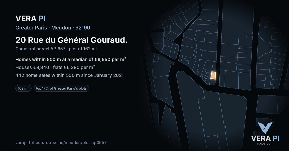 20 Rue du Général Gouraud, Meudon at night – the plot lit, the parcels around coloured by the prices near them