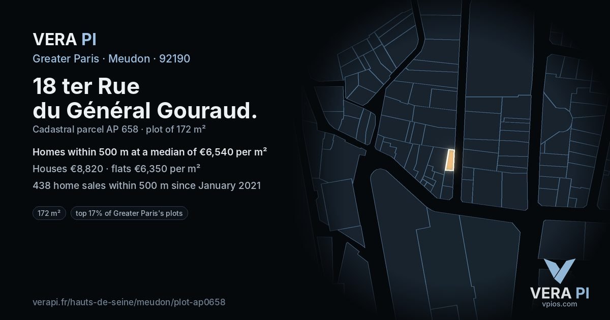 18 ter Rue du Général Gouraud, Meudon at night – the plot lit, the parcels around coloured by the prices near them