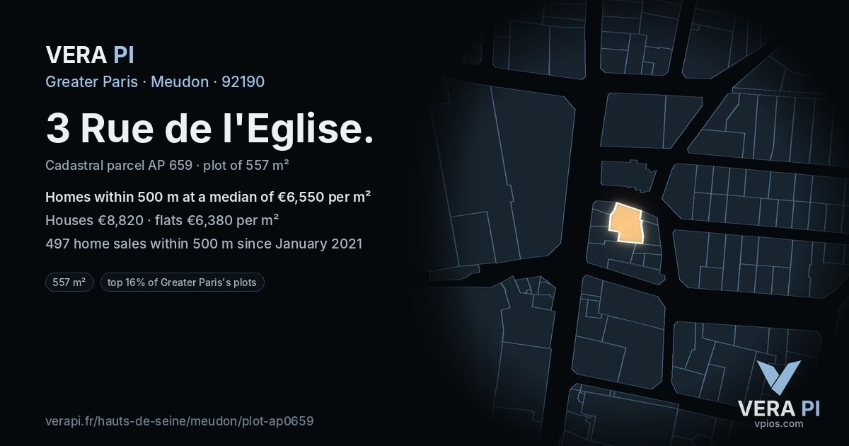 3 Rue de l'Eglise, Meudon at night – the plot lit, the parcels around coloured by the prices near them