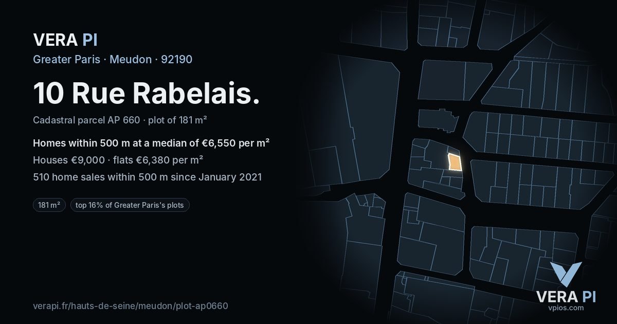 10 Rue Rabelais, Meudon at night – the plot lit, the parcels around coloured by the prices near them