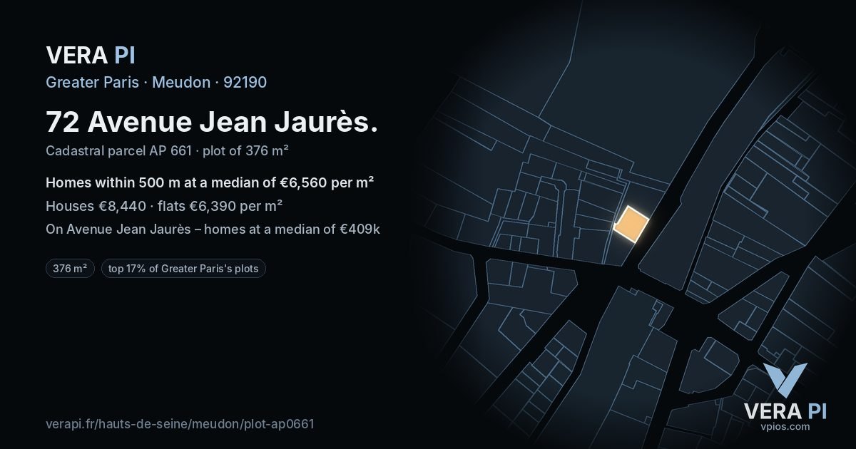 72 Avenue Jean Jaurès, Meudon at night – the plot lit, the parcels around coloured by the prices near them