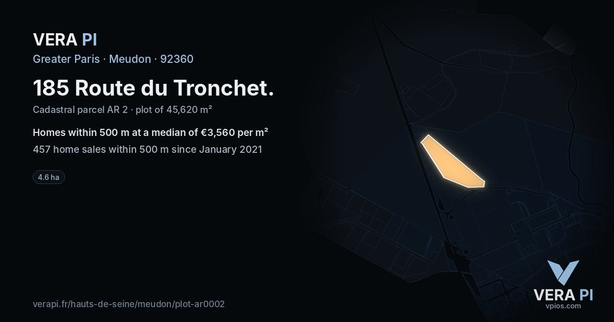 185 Route du Tronchet, Meudon at night – the plot lit, the parcels around coloured by the prices near them