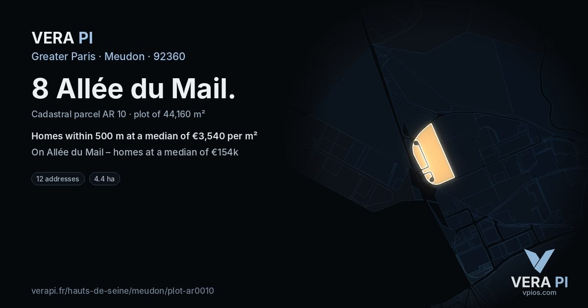 8 Allée du Mail, Meudon at night – the plot lit, the parcels around coloured by the prices near them