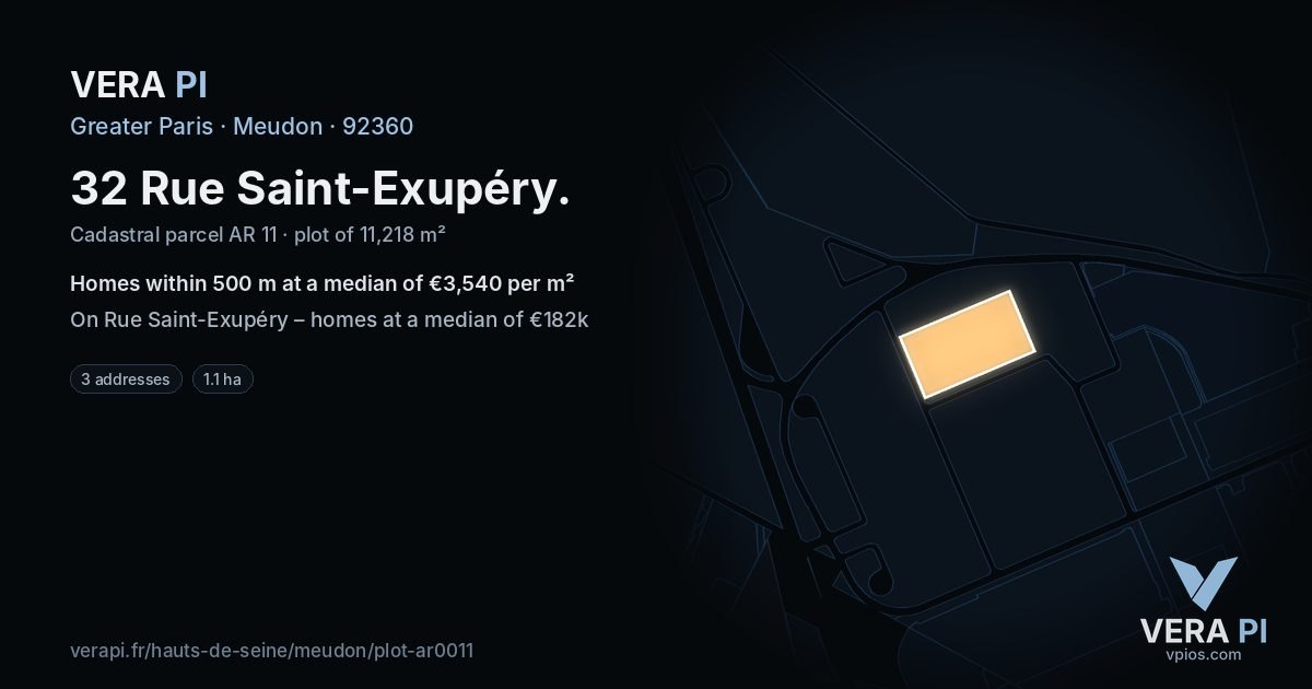 32 Rue Saint-Exupéry, Meudon at night – the plot lit, the parcels around coloured by the prices near them