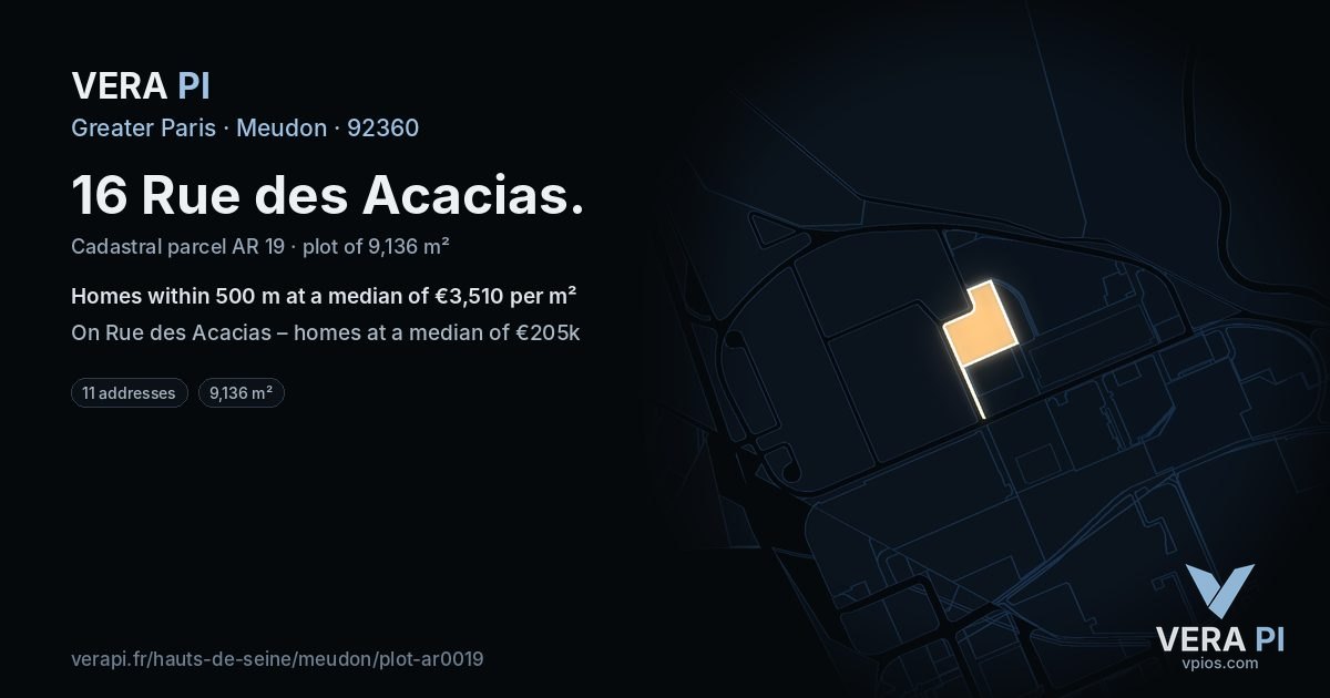 16 Rue des Acacias, Meudon at night – the plot lit, the parcels around coloured by the prices near them