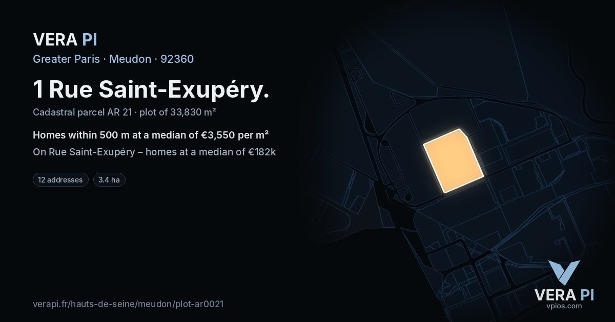 1 Rue Saint-Exupéry, Meudon at night – the plot lit, the parcels around coloured by the prices near them