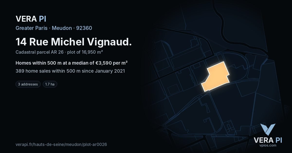 14 Rue Michel Vignaud, Meudon at night – the plot lit, the parcels around coloured by the prices near them