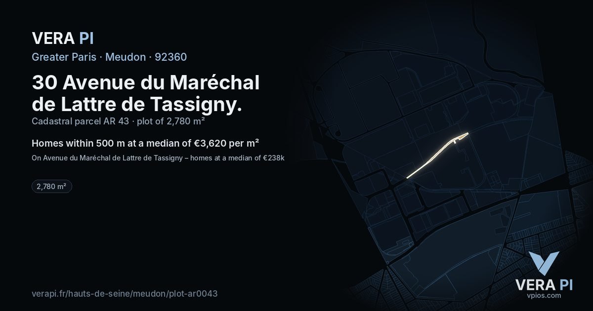 30 Avenue du Maréchal de Lattre de Tassigny, Meudon at night – the plot lit, the parcels around coloured by the prices near them