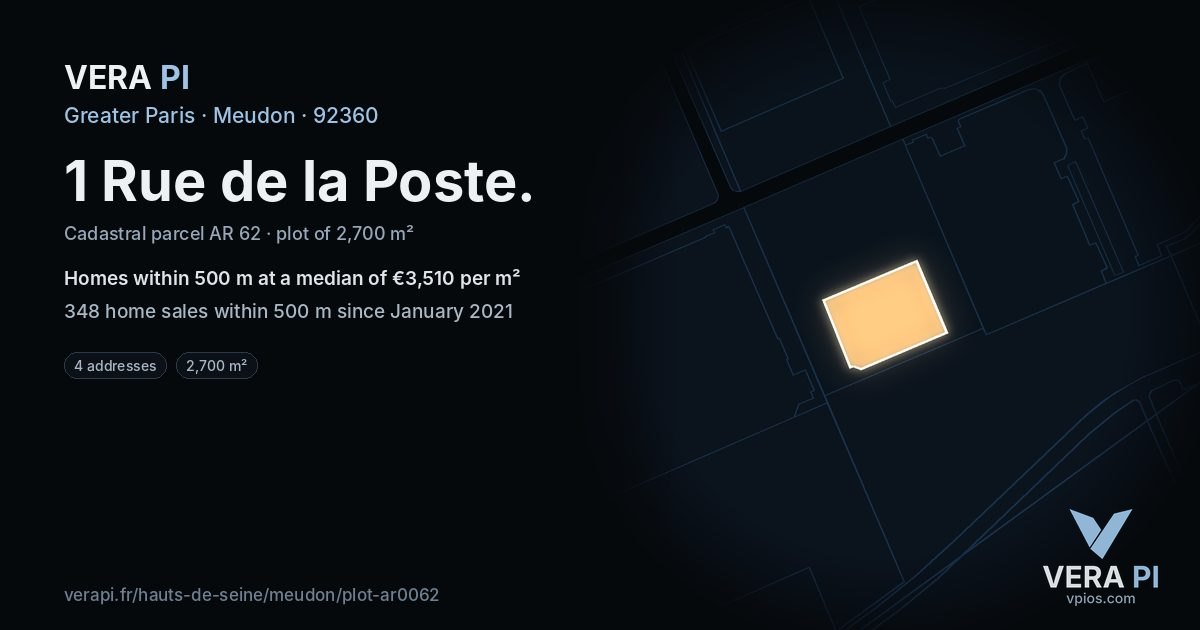 1 Rue de la Poste, Meudon at night – the plot lit, the parcels around coloured by the prices near them