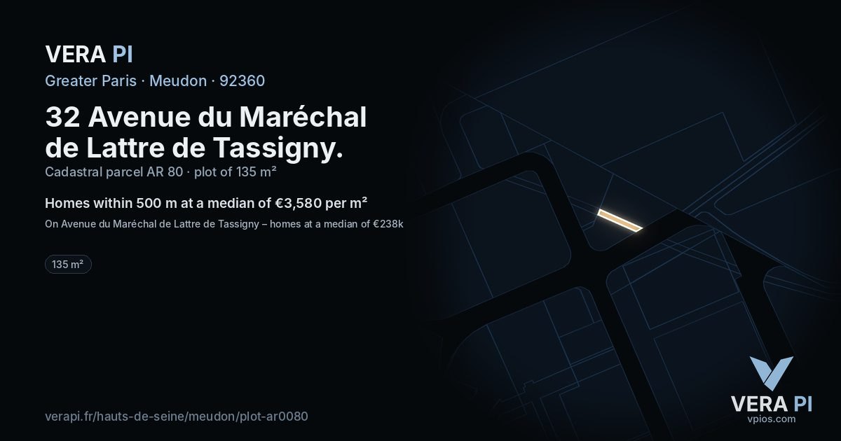 32 Avenue du Maréchal de Lattre de Tassigny, Meudon at night – the plot lit, the parcels around coloured by the prices near them