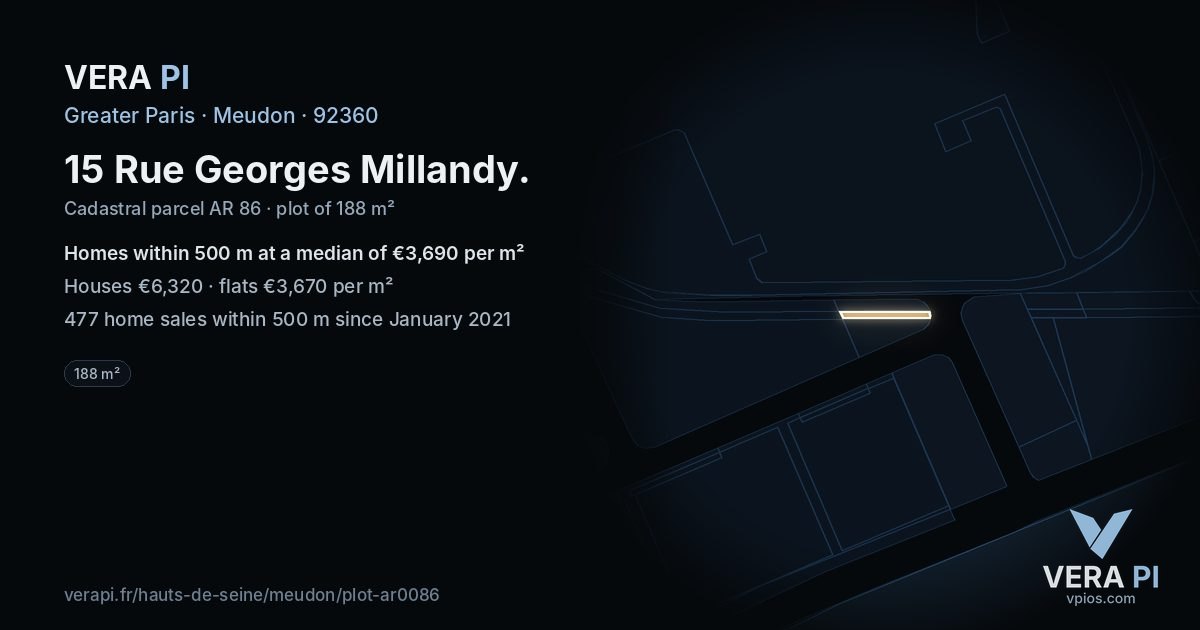 15 Rue Georges Millandy, Meudon at night – the plot lit, the parcels around coloured by the prices near them