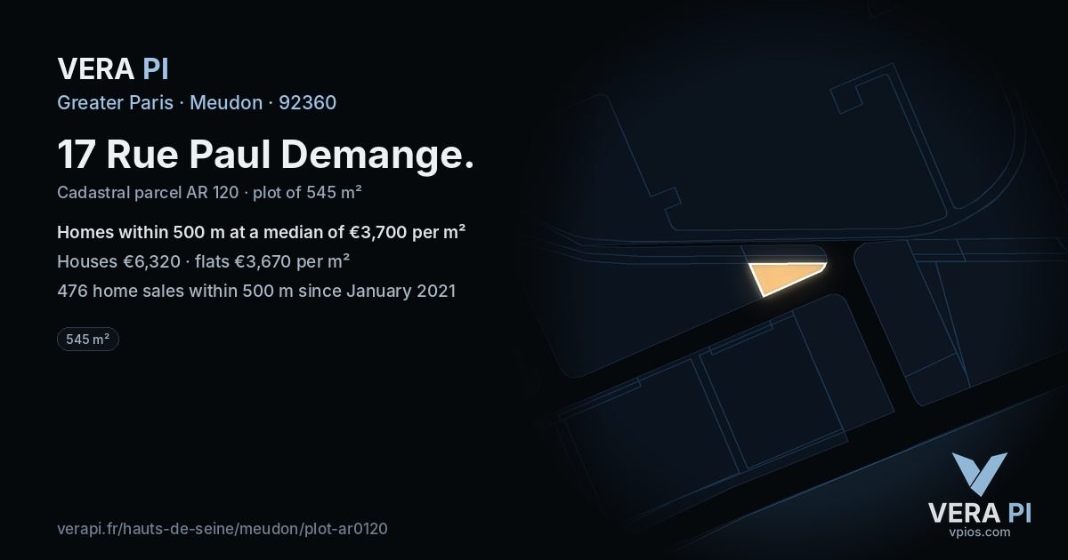 17 Rue Paul Demange, Meudon at night – the plot lit, the parcels around coloured by the prices near them