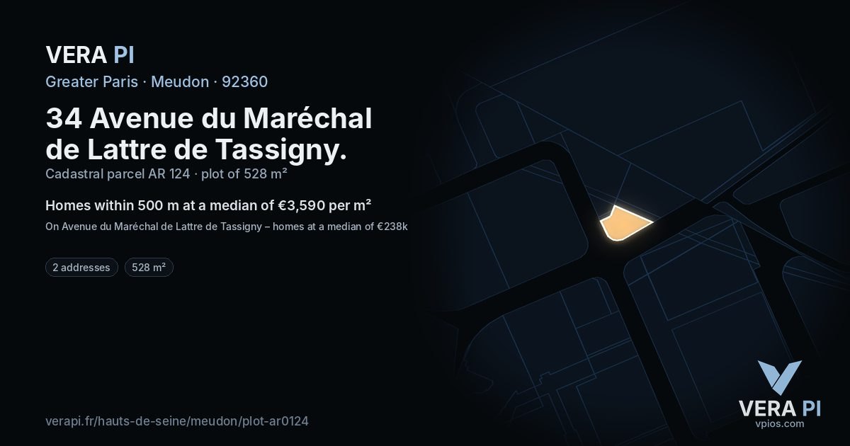 34 Avenue du Maréchal de Lattre de Tassigny, Meudon at night – the plot lit, the parcels around coloured by the prices near them
