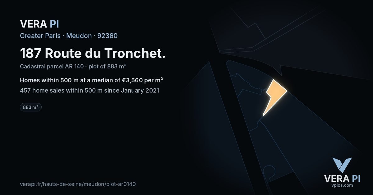 187 Route du Tronchet, Meudon at night – the plot lit, the parcels around coloured by the prices near them