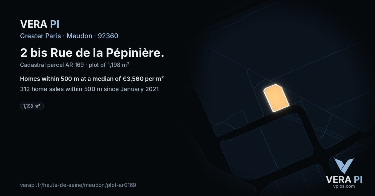 2 bis Rue de la Pépinière, Meudon at night – the plot lit, the parcels around coloured by the prices near them