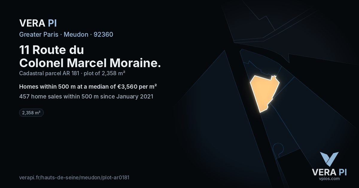 11 Route du Colonel Marcel Moraine, Meudon at night – the plot lit, the parcels around coloured by the prices near them