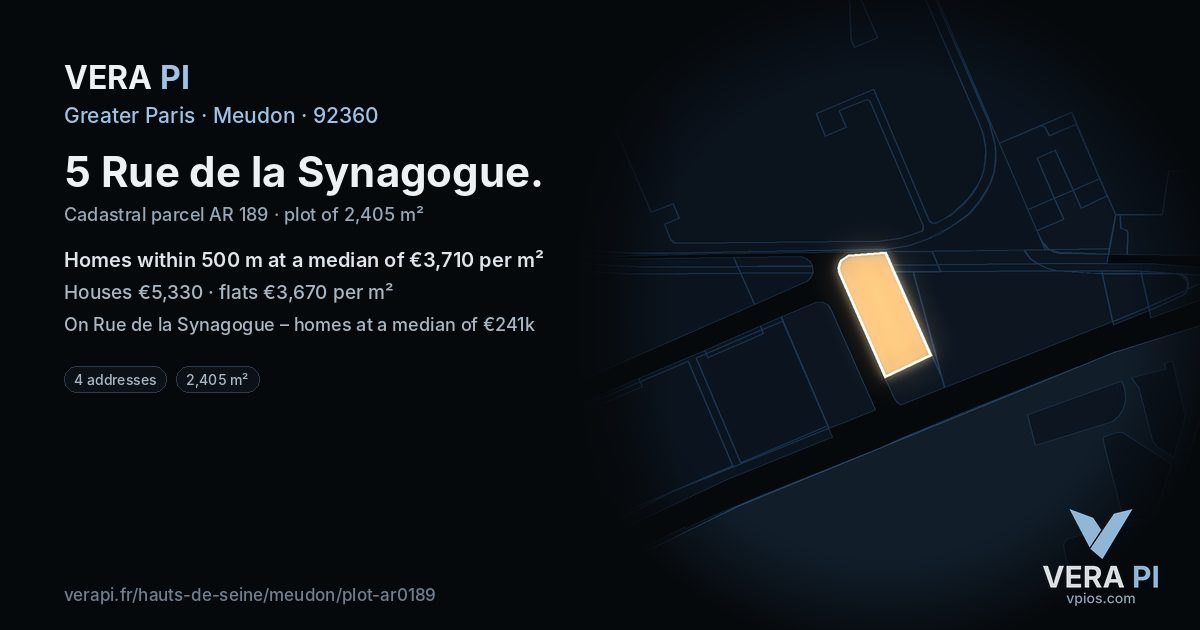 5 Rue de la Synagogue, Meudon at night – the plot lit, the parcels around coloured by the prices near them