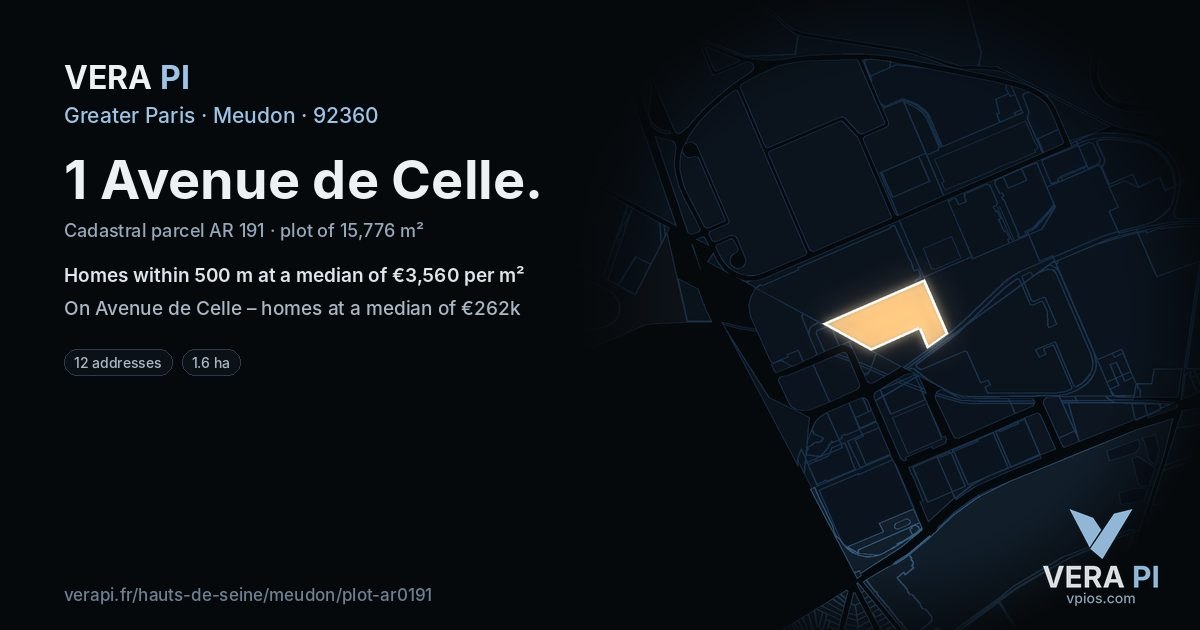 1 Avenue de Celle, Meudon at night – the plot lit, the parcels around coloured by the prices near them