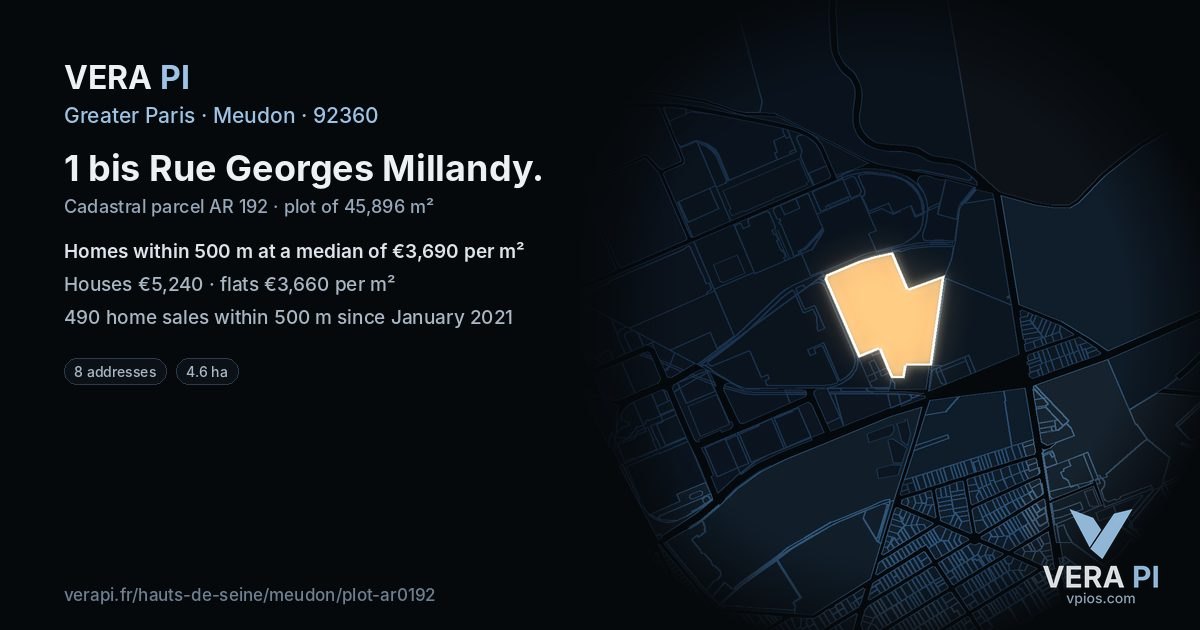 1 bis Rue Georges Millandy, Meudon at night – the plot lit, the parcels around coloured by the prices near them