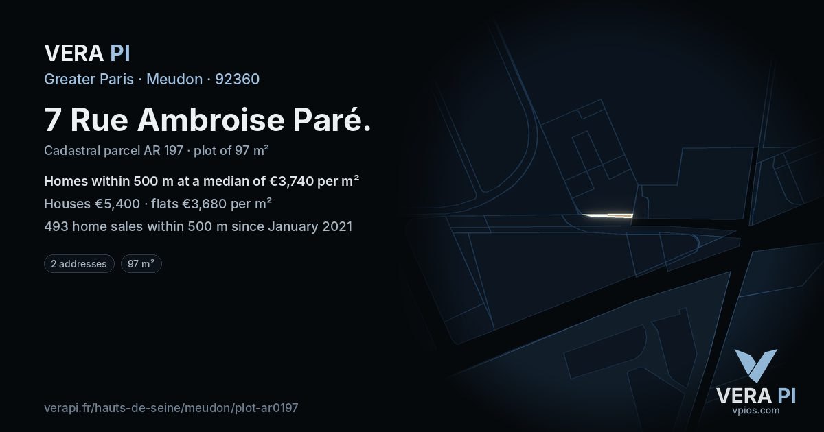 7 Rue Ambroise Paré, Meudon at night – the plot lit, the parcels around coloured by the prices near them