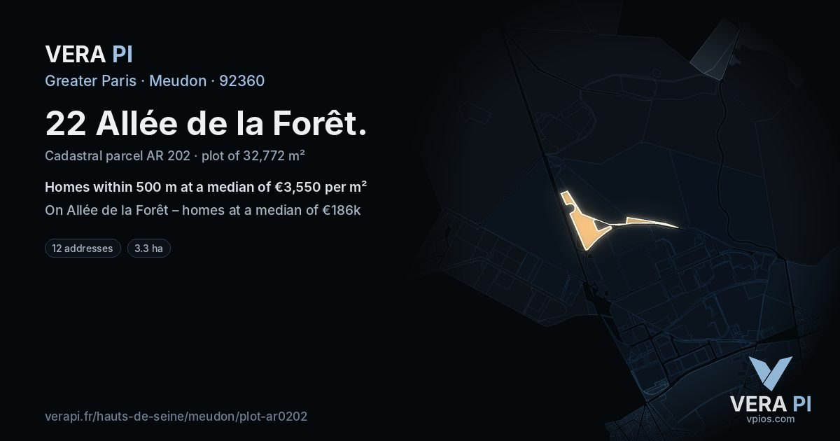 22 Allée de la Forêt, Meudon at night – the plot lit, the parcels around coloured by the prices near them