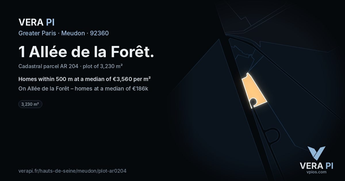1 Allée de la Forêt, Meudon at night – the plot lit, the parcels around coloured by the prices near them