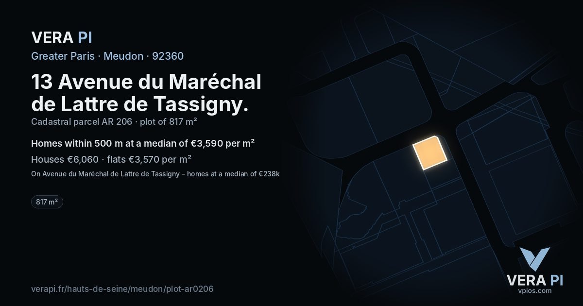 13 Avenue du Maréchal de Lattre de Tassigny, Meudon at night – the plot lit, the parcels around coloured by the prices near them
