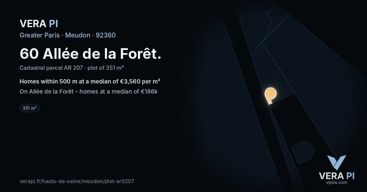 60 Allée de la Forêt, Meudon at night – the plot lit, the parcels around coloured by the prices near them
