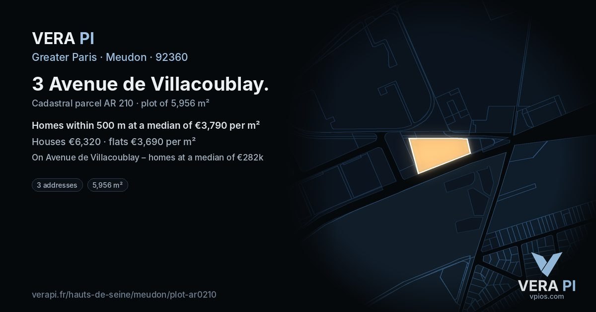 3 Avenue de Villacoublay, Meudon at night – the plot lit, the parcels around coloured by the prices near them
