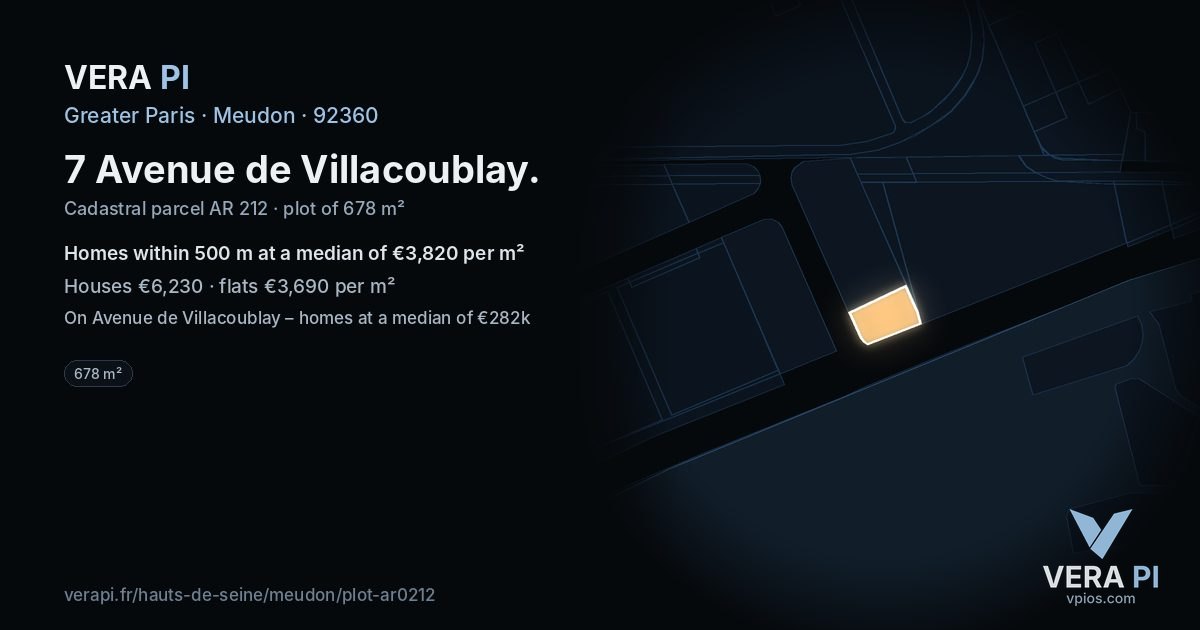 7 Avenue de Villacoublay, Meudon at night – the plot lit, the parcels around coloured by the prices near them