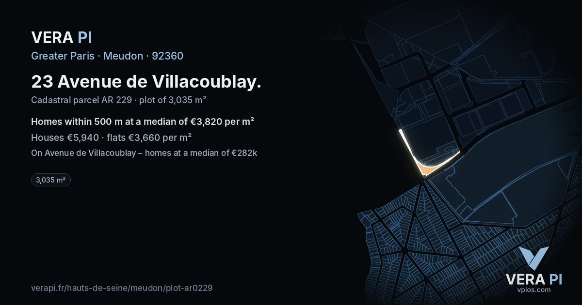 23 Avenue de Villacoublay, Meudon at night – the plot lit, the parcels around coloured by the prices near them