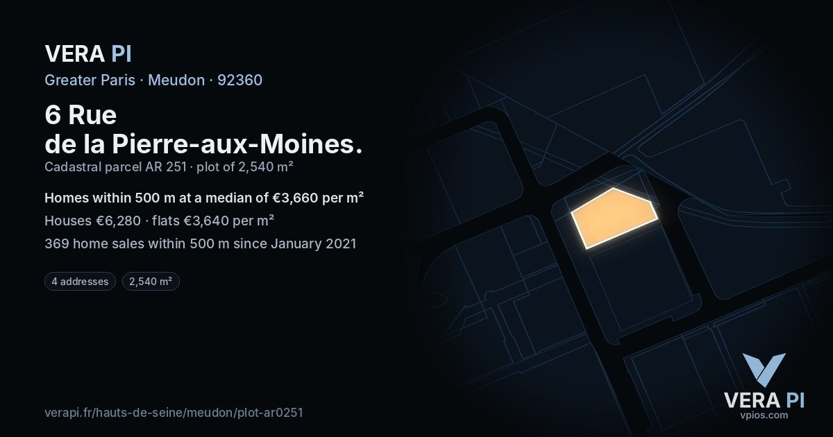 6 Rue de la Pierre-aux-Moines, Meudon at night – the plot lit, the parcels around coloured by the prices near them
