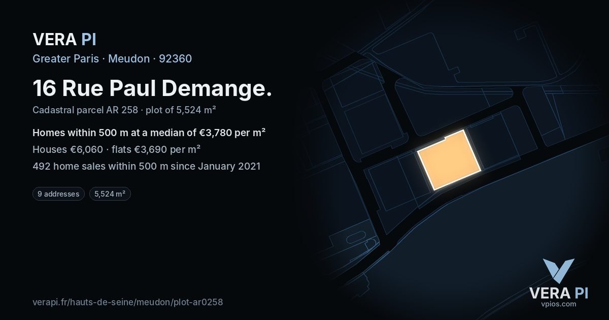 16 Rue Paul Demange, Meudon at night – the plot lit, the parcels around coloured by the prices near them