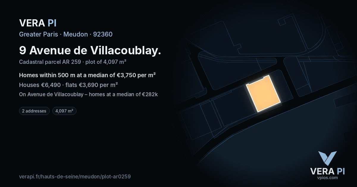 9 Avenue de Villacoublay, Meudon at night – the plot lit, the parcels around coloured by the prices near them
