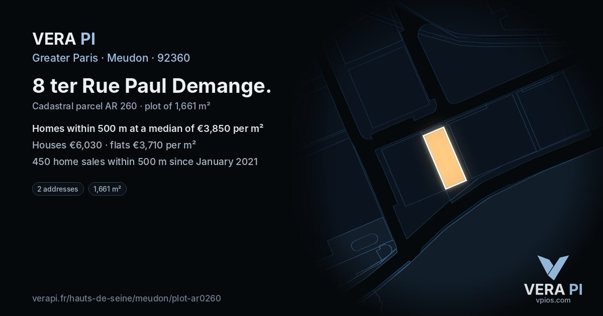 8 ter Rue Paul Demange, Meudon at night – the plot lit, the parcels around coloured by the prices near them