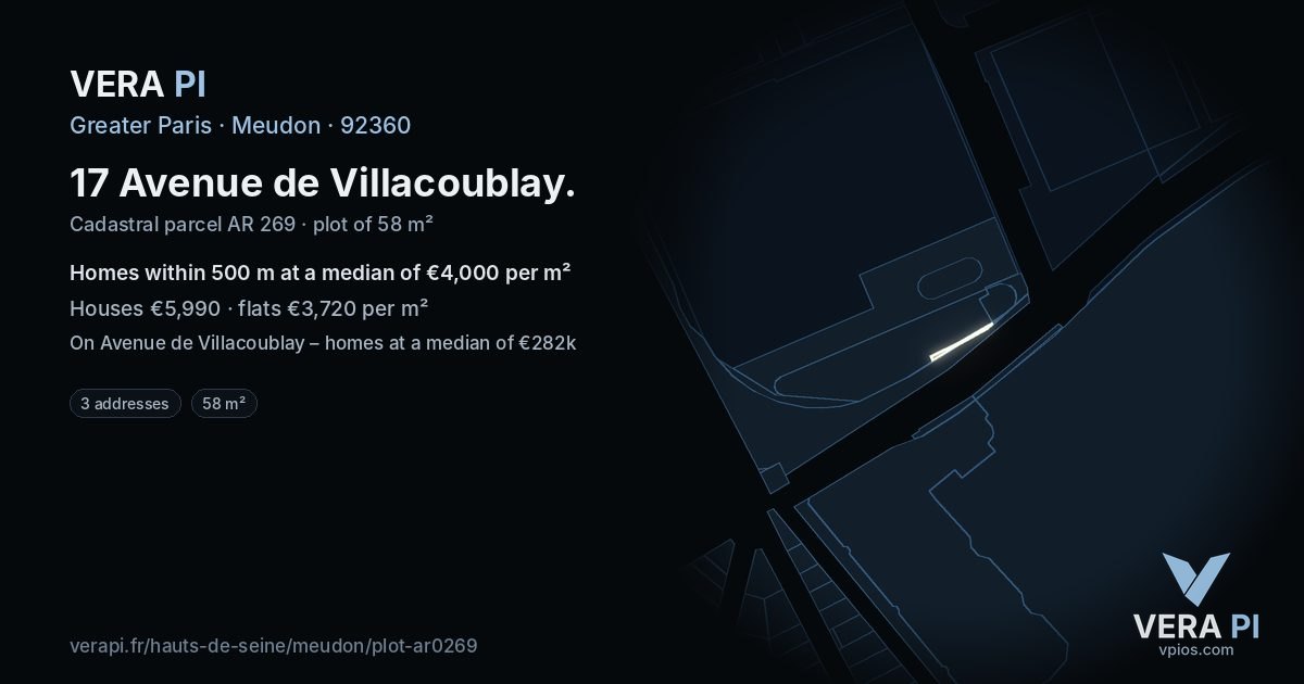 17 Avenue de Villacoublay, Meudon at night – the plot lit, the parcels around coloured by the prices near them