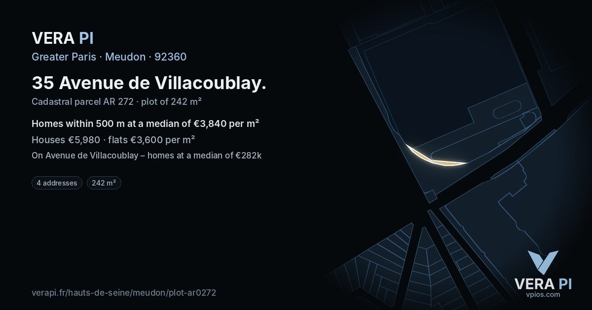 35 Avenue de Villacoublay, Meudon at night – the plot lit, the parcels around coloured by the prices near them