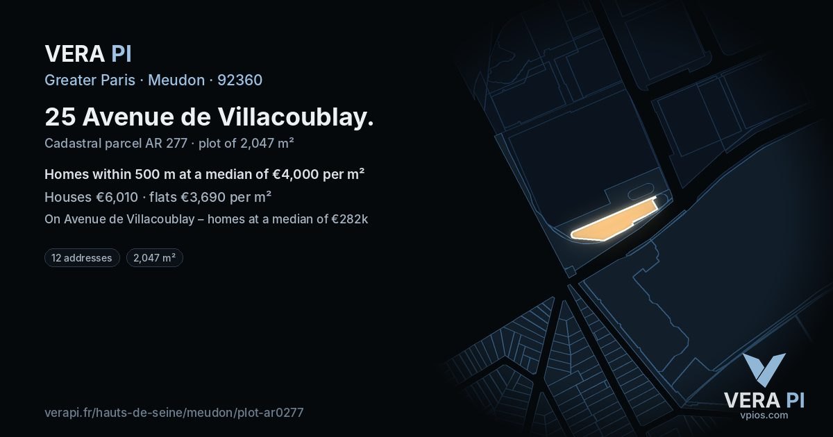 25 Avenue de Villacoublay, Meudon at night – the plot lit, the parcels around coloured by the prices near them