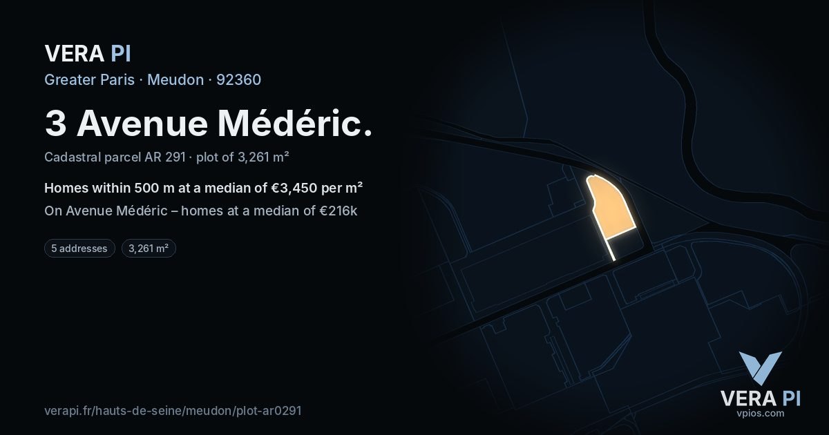 3 Avenue Médéric, Meudon at night – the plot lit, the parcels around coloured by the prices near them
