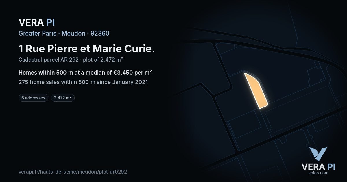 1 Rue Pierre et Marie Curie, Meudon at night – the plot lit, the parcels around coloured by the prices near them