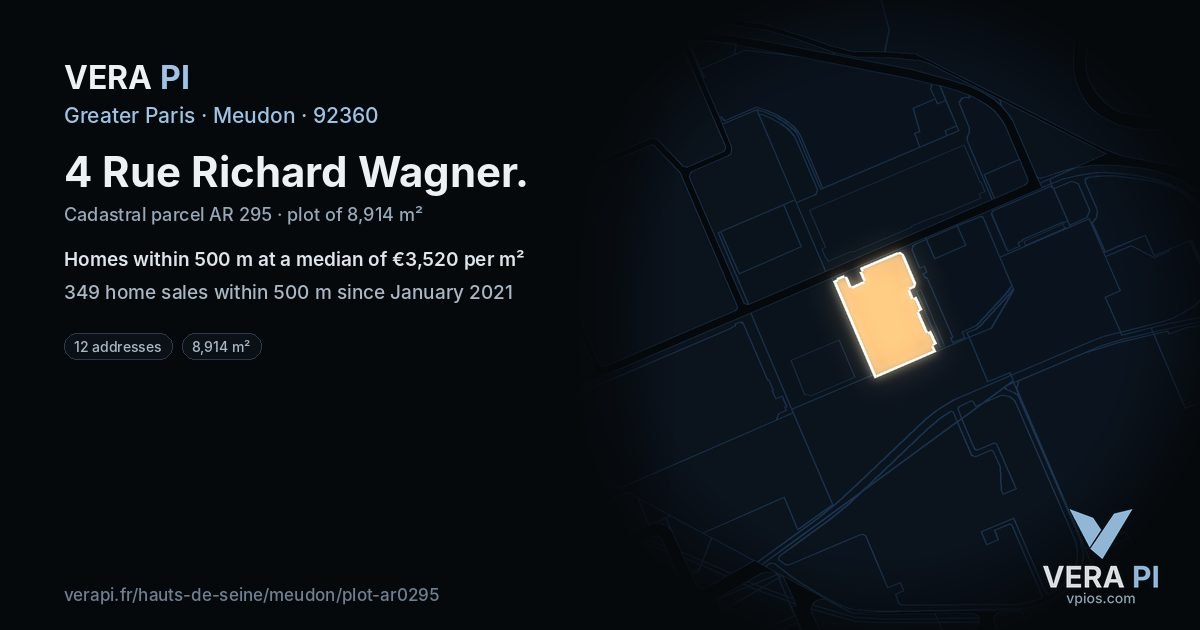 4 Rue Richard Wagner, Meudon at night – the plot lit, the parcels around coloured by the prices near them