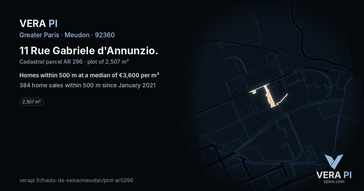 11 Rue Gabriele d'Annunzio, Meudon at night – the plot lit, the parcels around coloured by the prices near them